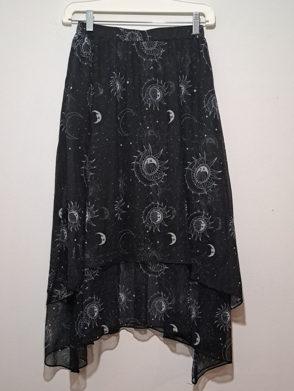 Celestial Black Moon & Sun High-Low Chiffon Skirt Whimsigoth Witchy